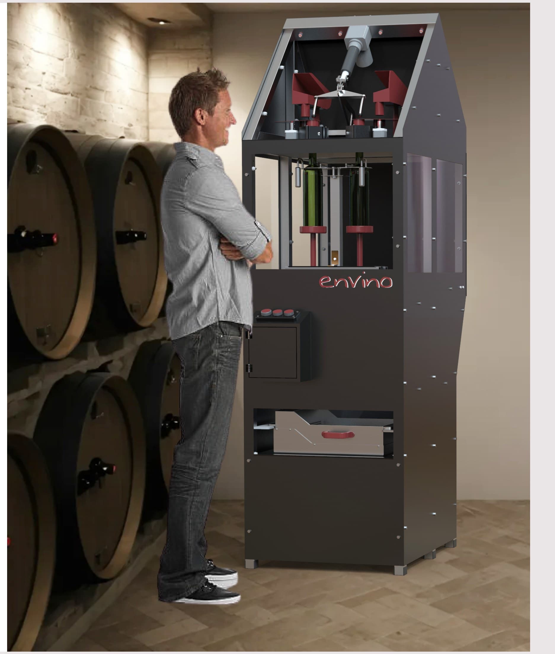 The envino machine standing in a cellar next to stacked oak barrels, with an operator working at the front.