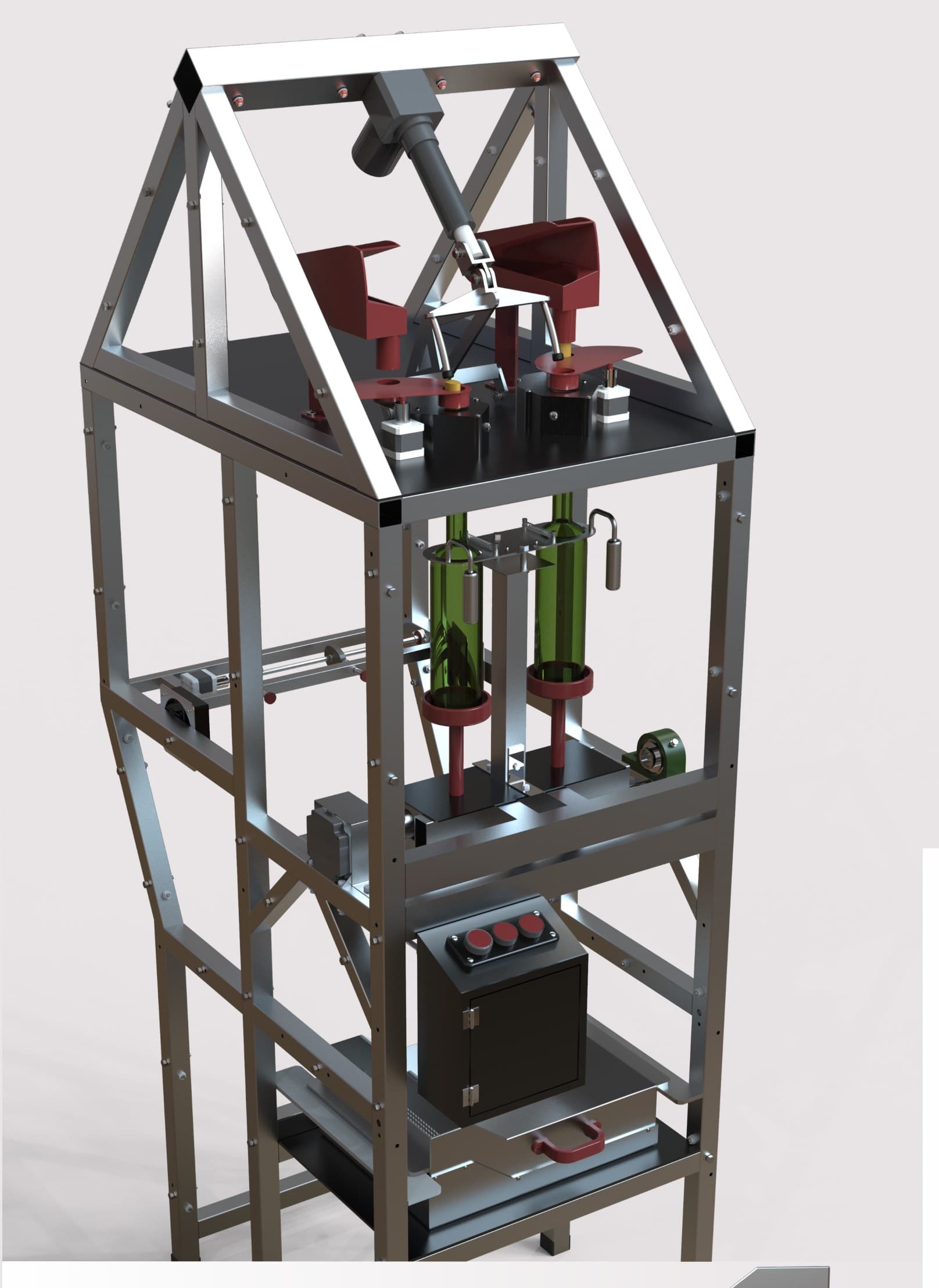 The complete frame of the machine with the side panels removed, showing the corking pistons at the top, the bottle supports in the middle and the wax tray at the bottom.