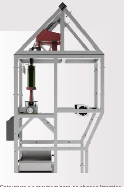 Side view of the frame with the corking piston lowered over a bottle.