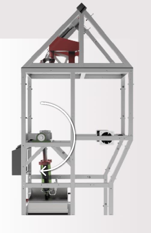 Side view of the frame with an arrow showing the bottle turning down towards the wax tray.