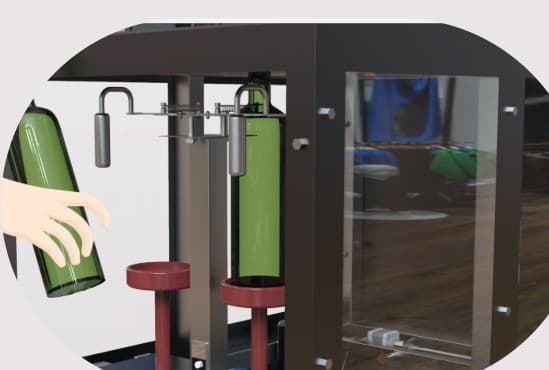 A hand placing a wine bottle on the fixed base of the machine.