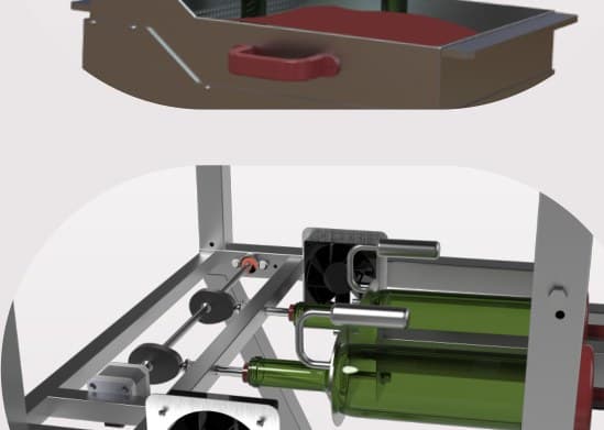 The cam mechanism driving the two stamps horizontally against the bottle necks.
