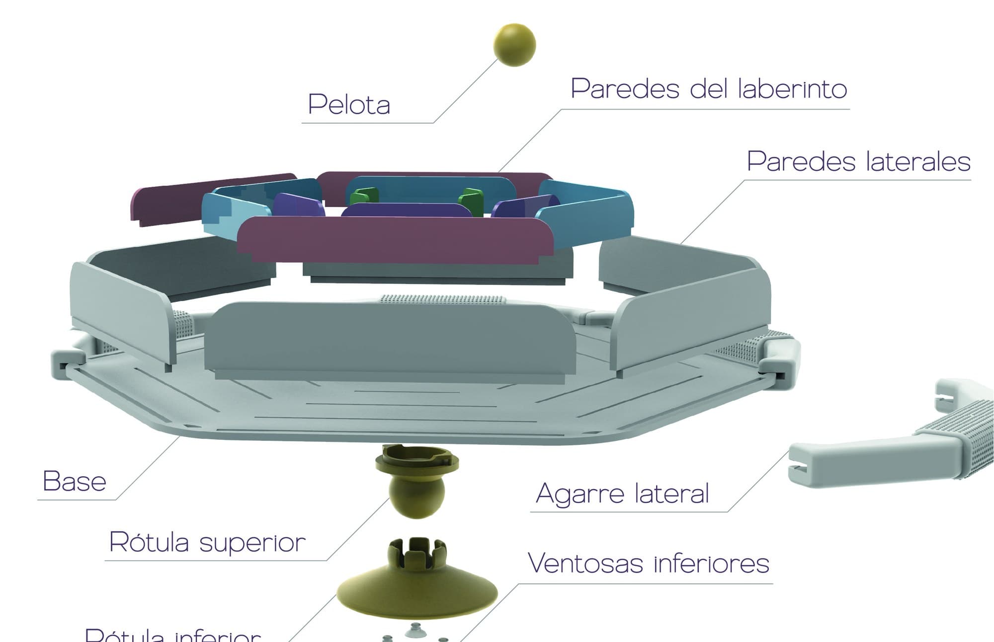 Exploded view of the maze layout with callouts to the ball, the maze walls, the side walls, the base, the upper and lower ball joint, the side grip and the suction cups.
