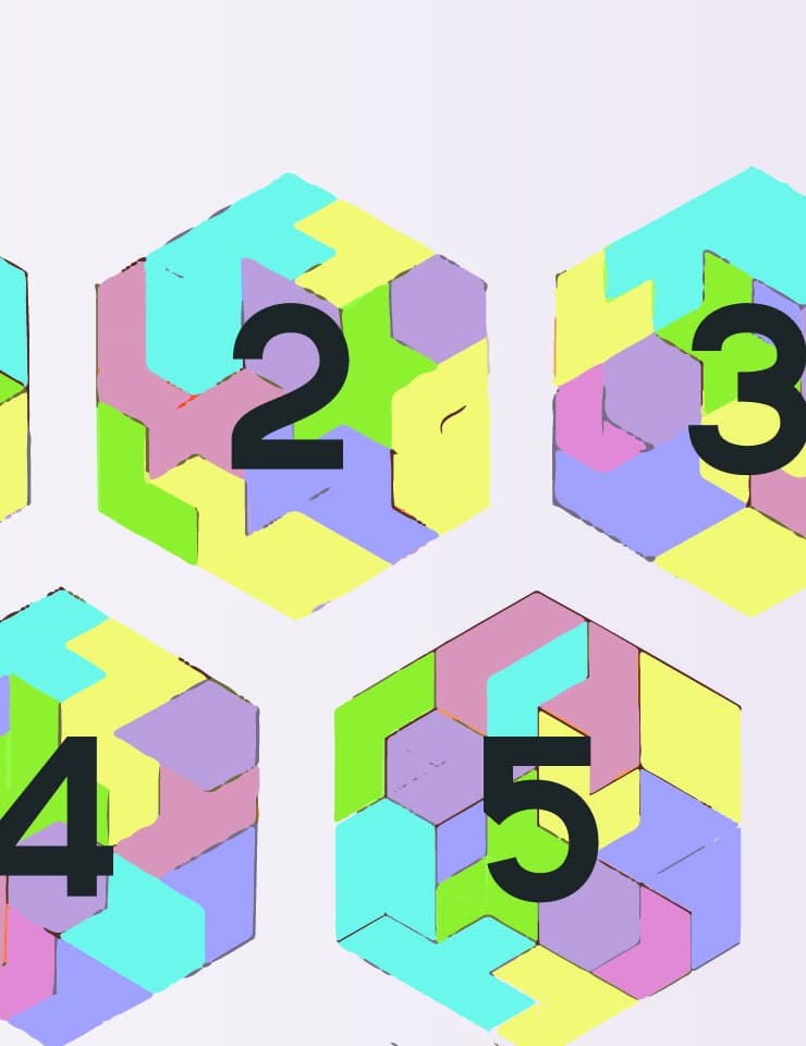 Five hexagonal diagrams, numbered one to five, each showing a different valid arrangement of the puzzle tiles.