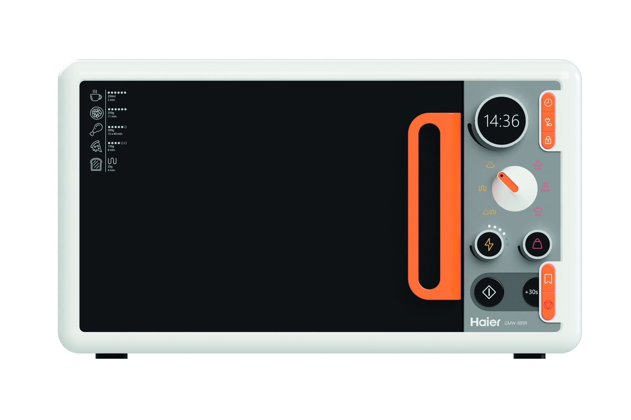 The microwave seen head-on, with the dark glass door, the vertical orange handle and the control panel on the right.
