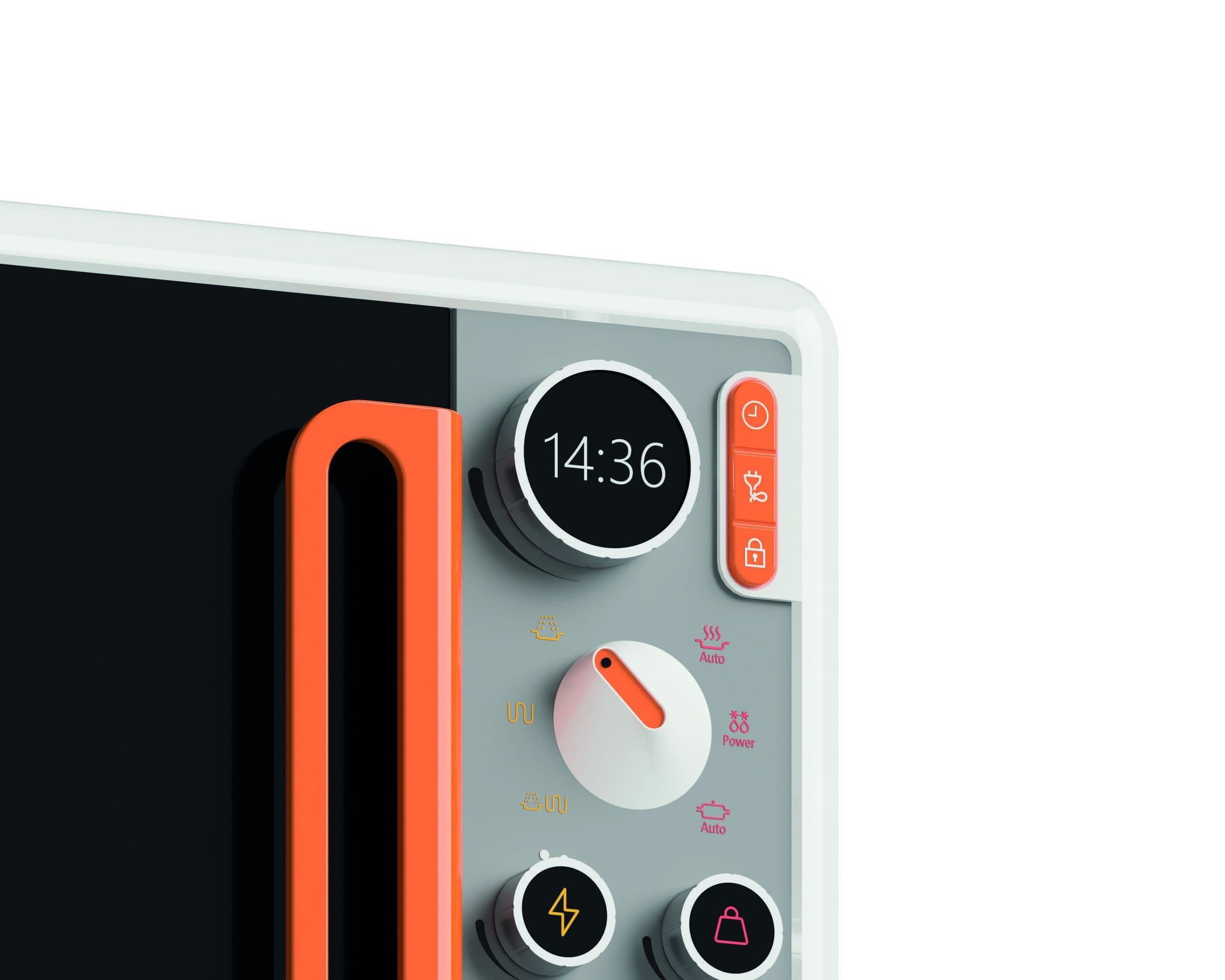 Close-up of the microwave's display and selector knob, with the mode pictograms around it.