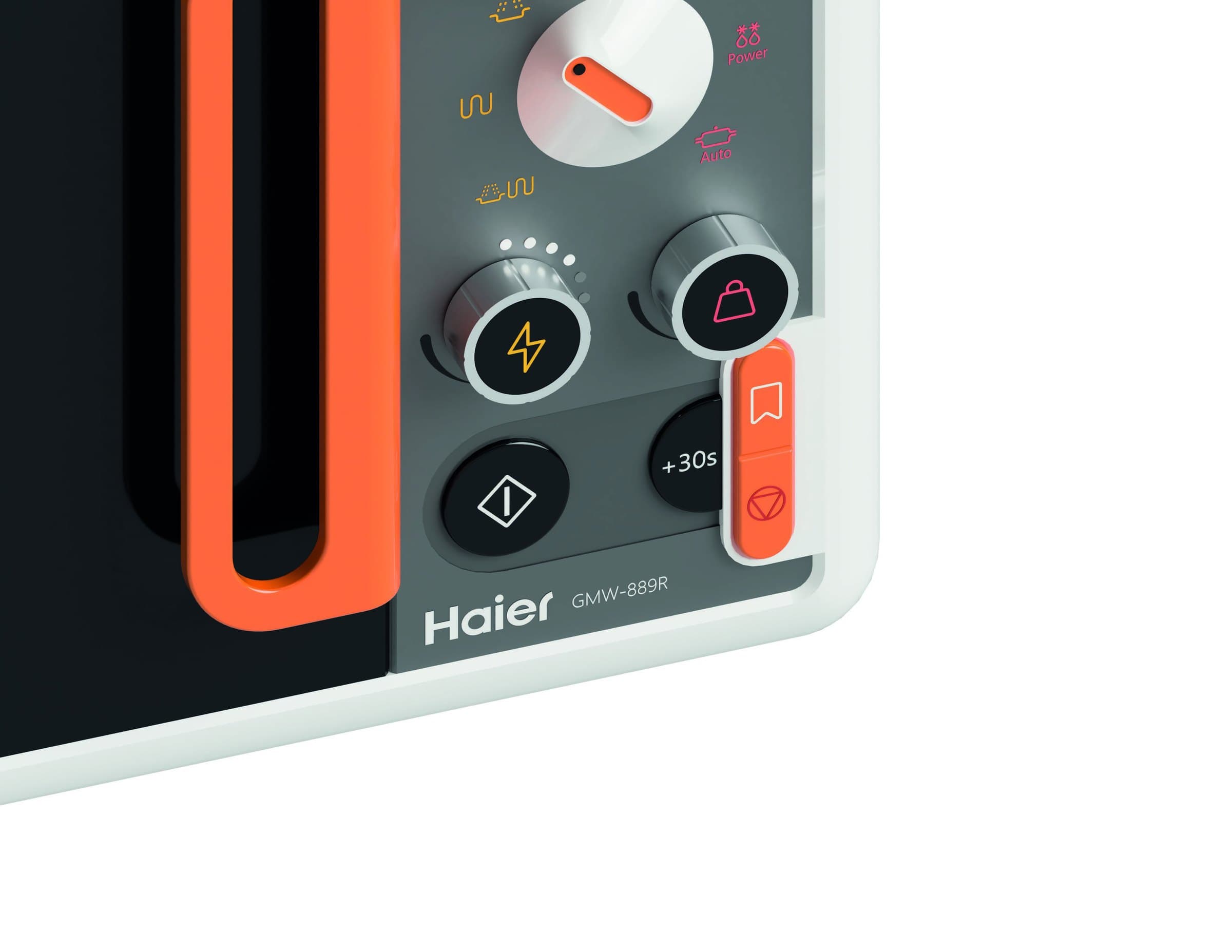 Close-up of the control panel: circular display showing the time, white selector knob, segmented buttons and the orange handle on the left.