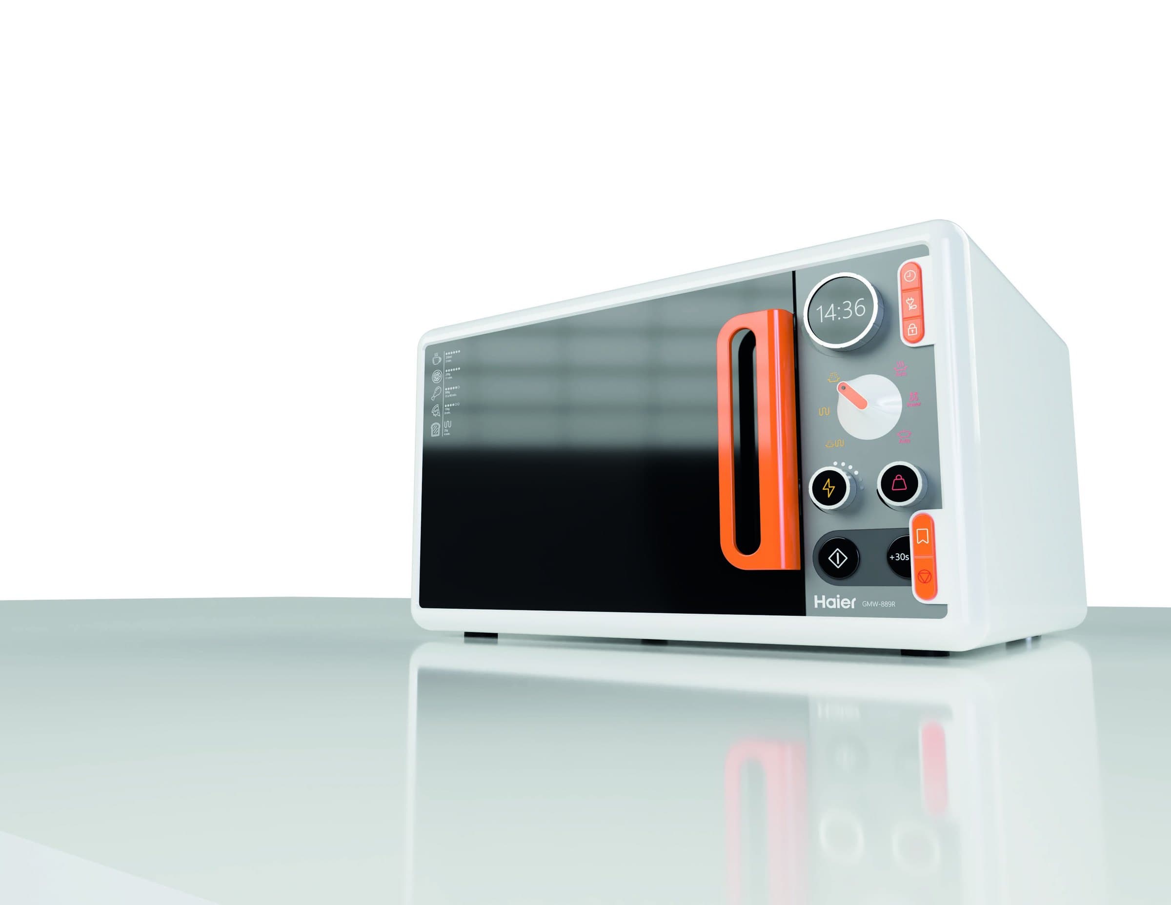 The Haier GMW-889R microwave in three-quarter view: white body, vertical orange handle and grey control panel with a selector knob.