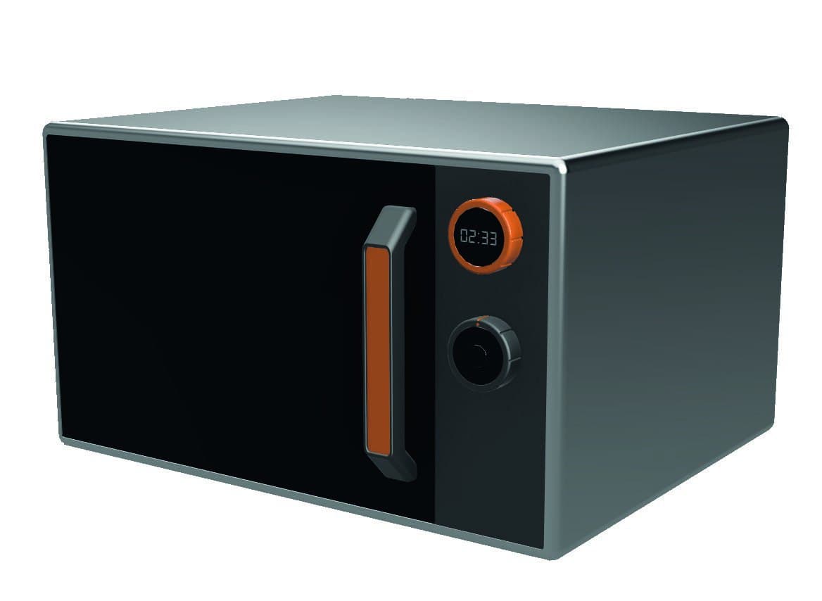 Early iteration of the microwave with a grey body and an orange ring around the display.
