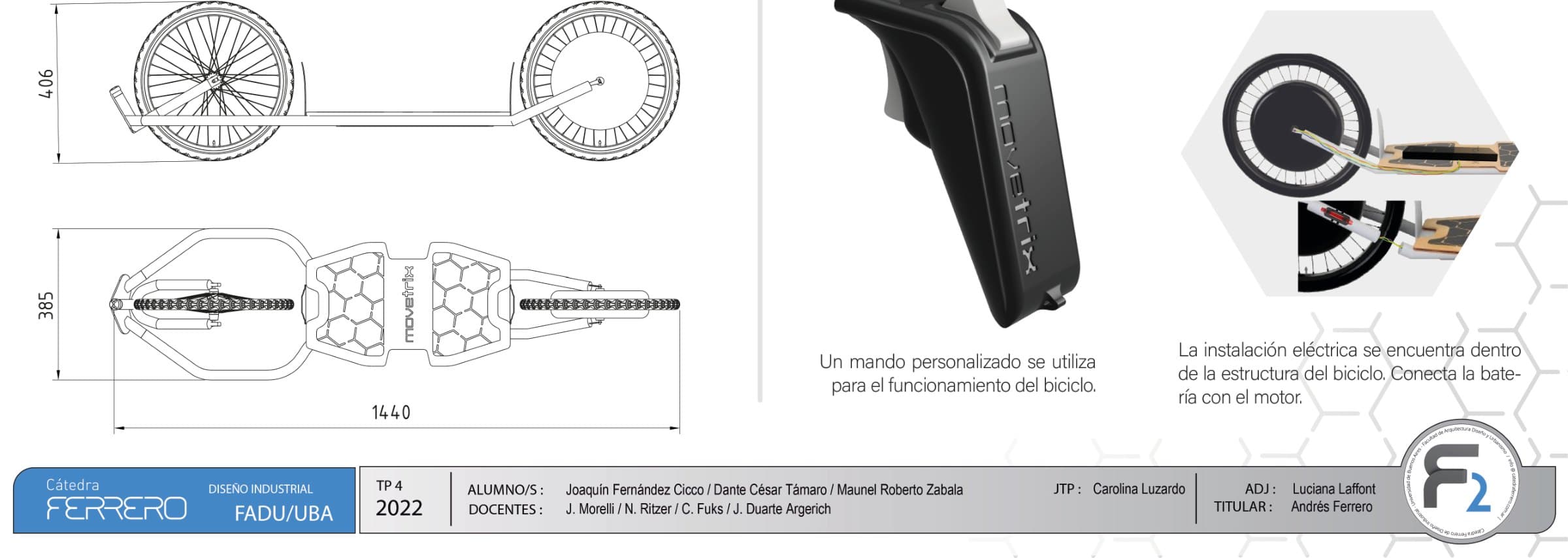 Dimensioned general views of the Movetrix: side elevation at 406 mm high, plan at 385 mm wide and 1440 mm overall length.