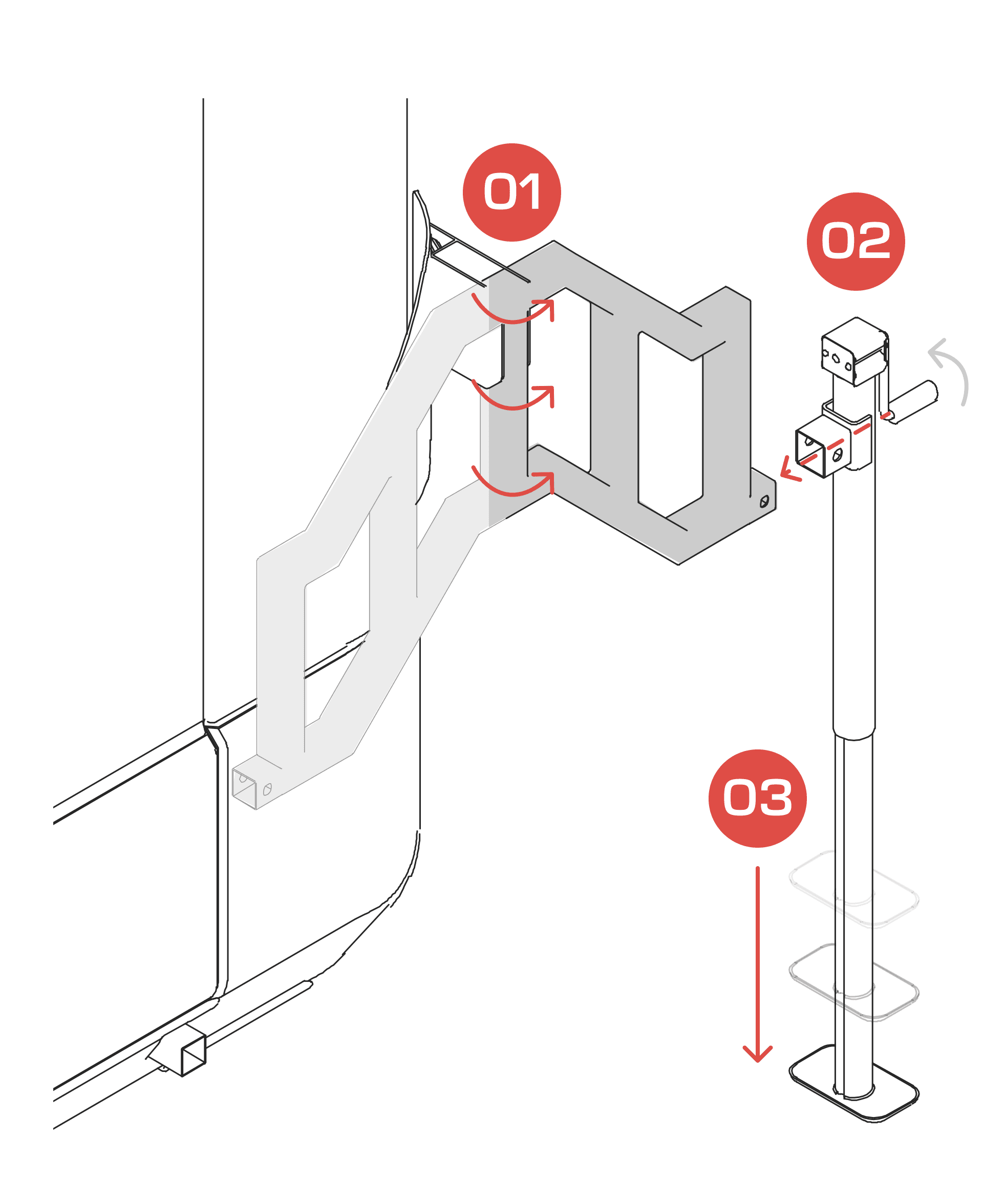 Technical drawing of the support being unfolded, the telescopic leg being fitted and levelled, with steps 01, 02 and 03 called out.