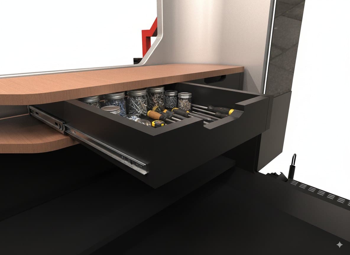 An open drawer unit under the counter, with tools and small supplies separated into compartments.