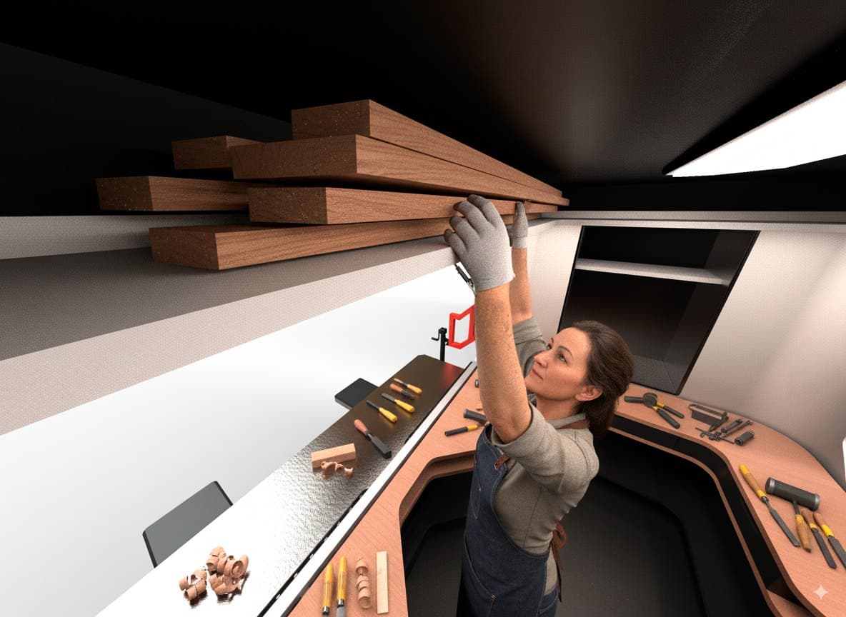A person wearing gloves takes wooden boards from the unit's upper shelving.