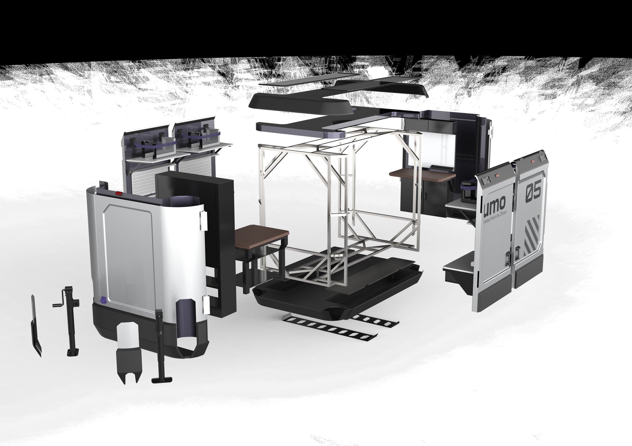 Exploded view of the unit with its thirteen parts separated and labelled: roof, shelving, counter and drawer unit, chassis, walls, awning door, work benches, floor and lower reinforcement.