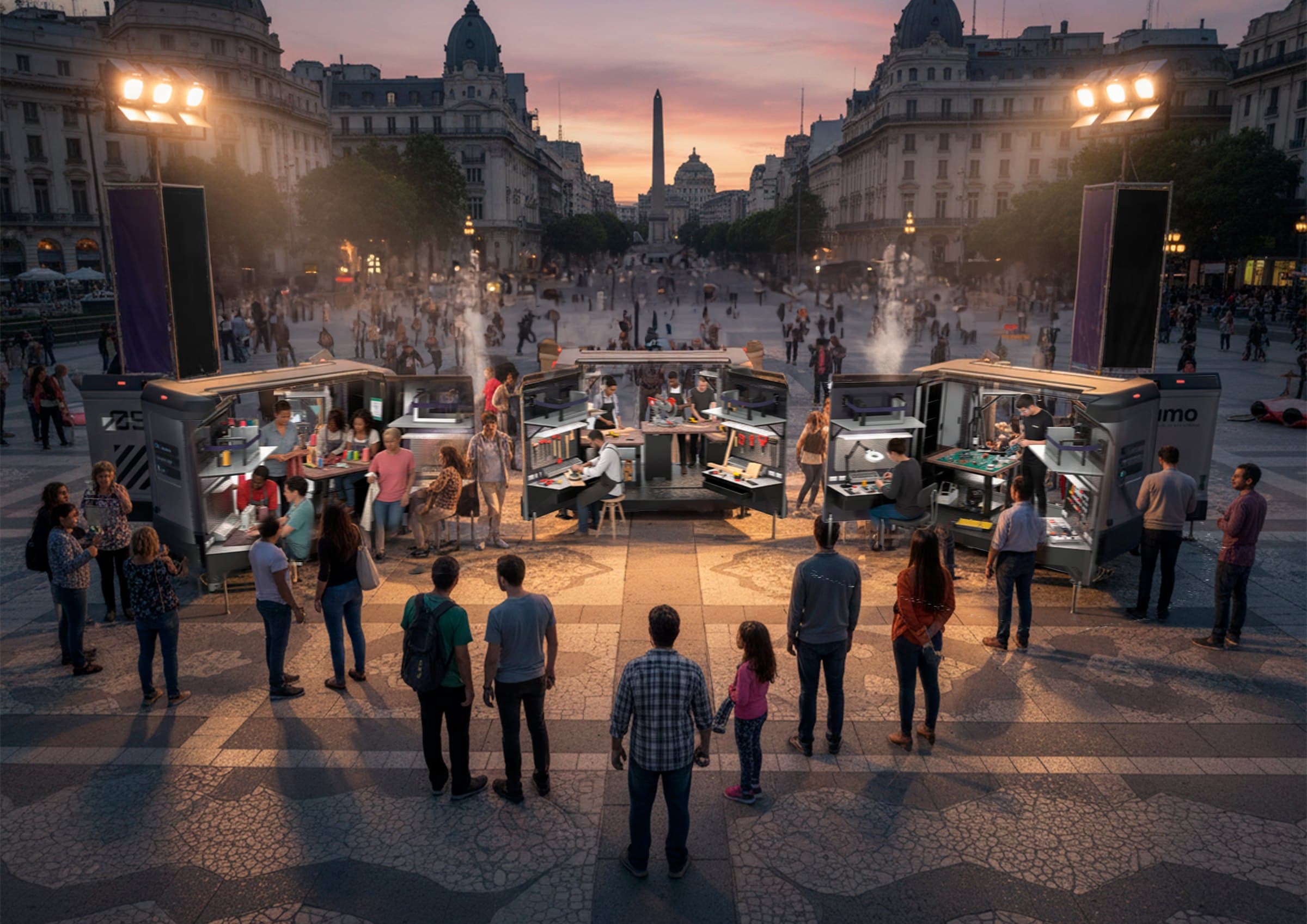 Several UMO units deployed in a city square at dusk, forming a central aisle with people gathered around the workstations.