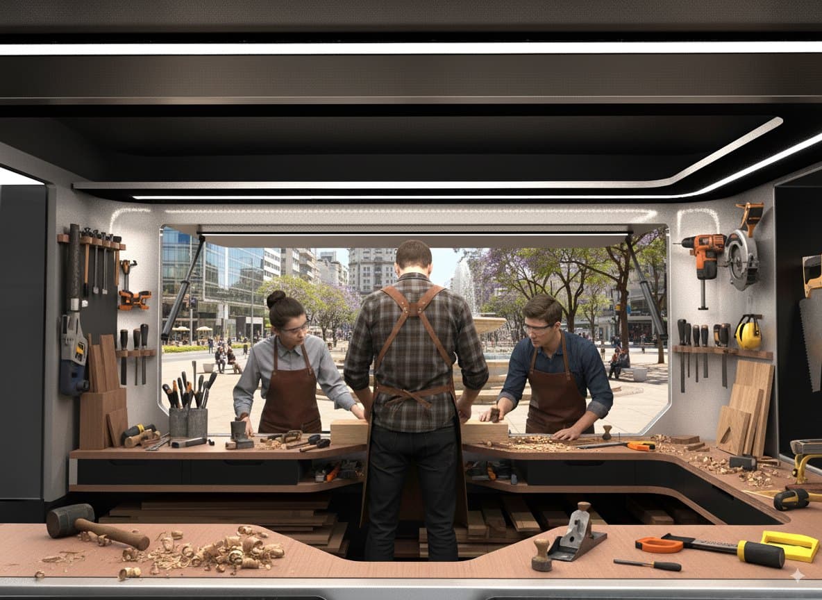 The interior of the unit set up as a carpentry workshop. An instructor with their back turned works at the central bench alongside two trainees, surrounded by tools hung on the walls.