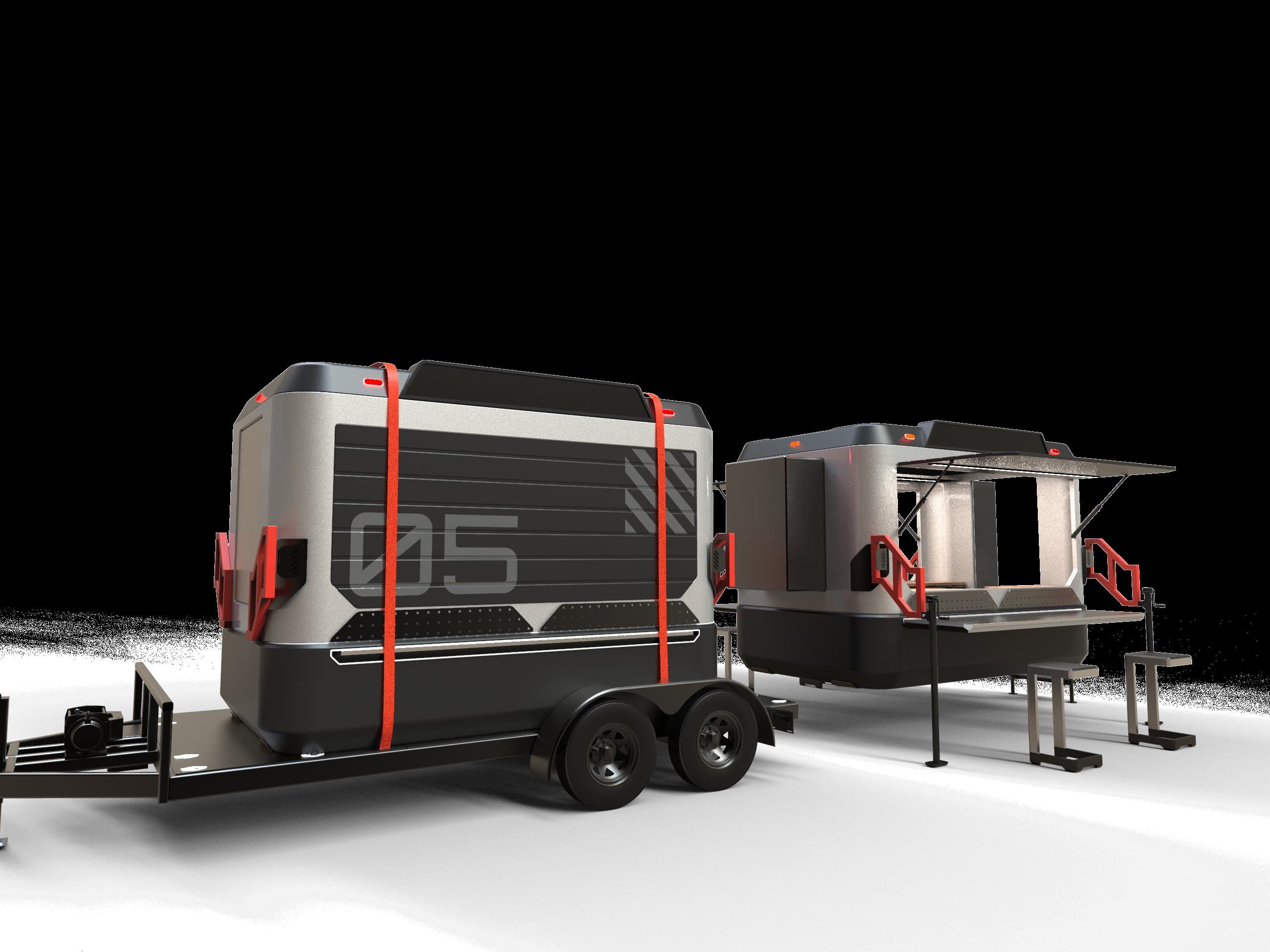The unit closed on its twin-axle trailer, ready to be towed, next to the same unit deployed in working position.
