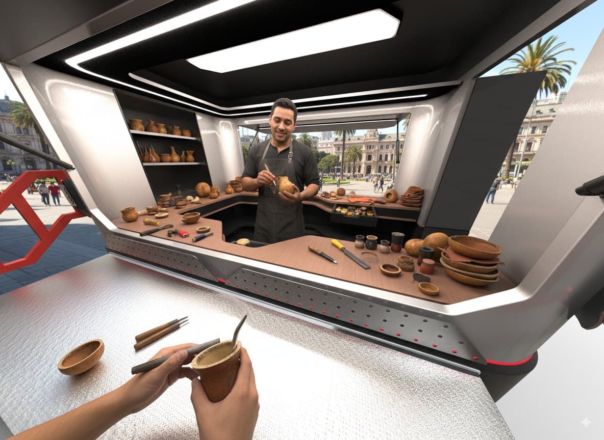The view from a trainee's station. In the foreground a pair of hands decorates a ceramic piece; behind, the instructor works at the unit's counter.