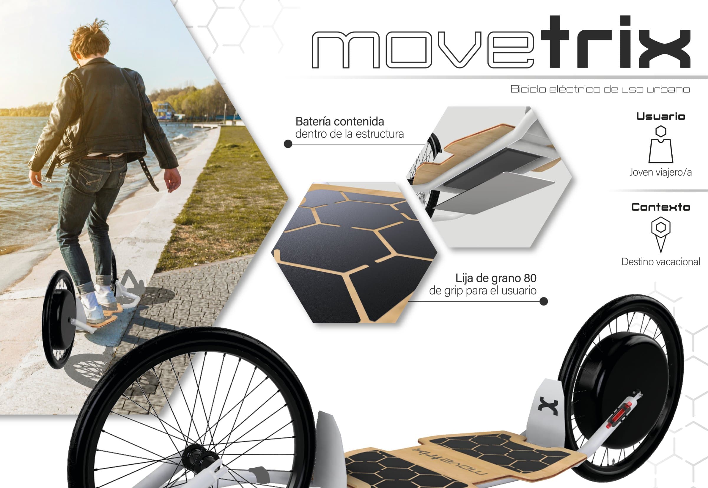 The Movetrix in use along the coast: a person rides standing on the wooden platform between the two wheels, with the logo and the product specifications on the right.