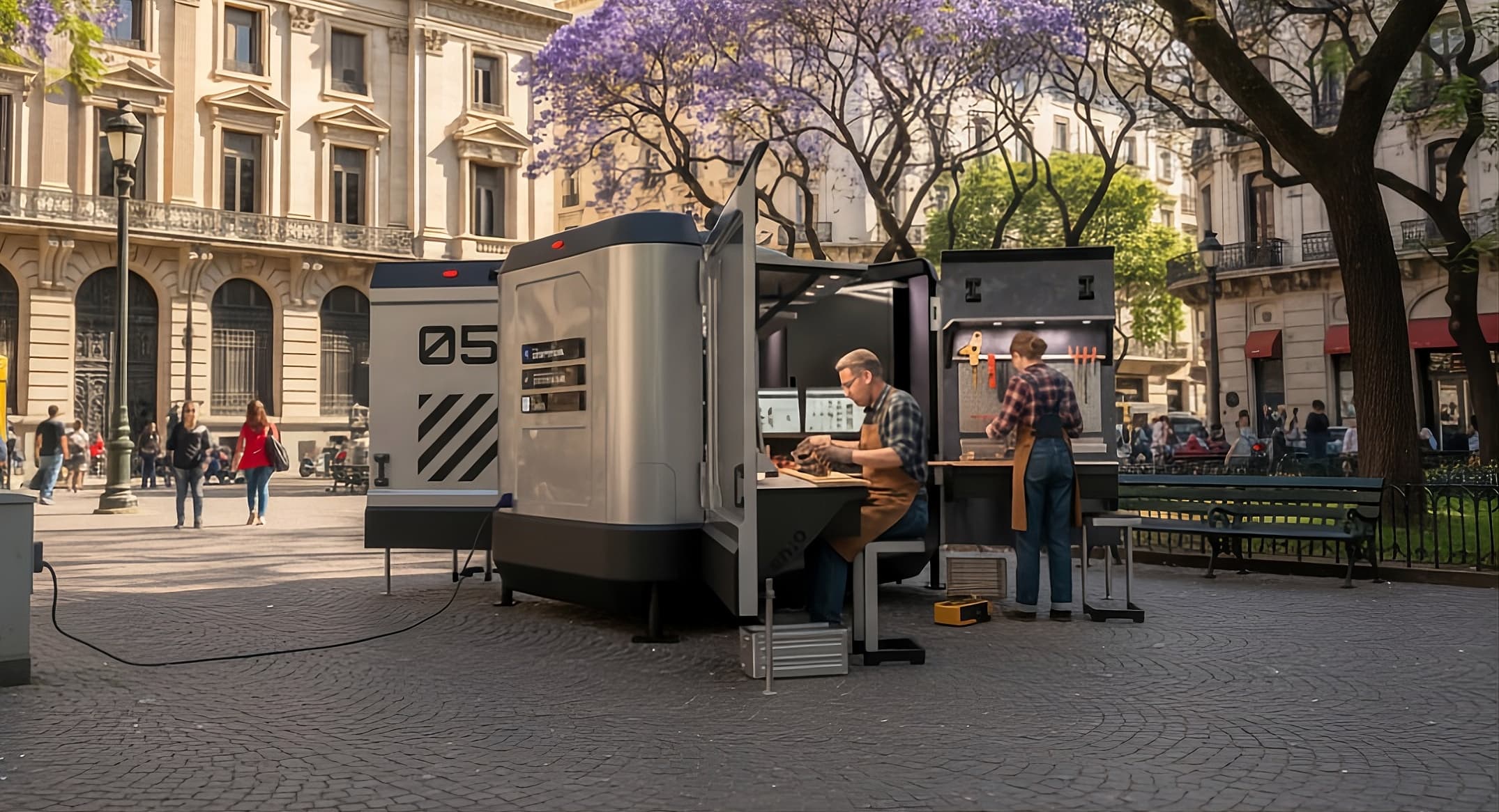 Una unidad de UMO abierta en una plaza de Buenos Aires, bajo los jacarandás: una persona trabaja en el banco bajo el toldo mientras otra ordena herramientas en el panel, con transeúntes y edificios de la ciudad detrás.
