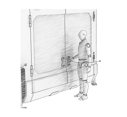 Dibujo de línea de una persona destrabando una puerta-escritorio y abriéndola.