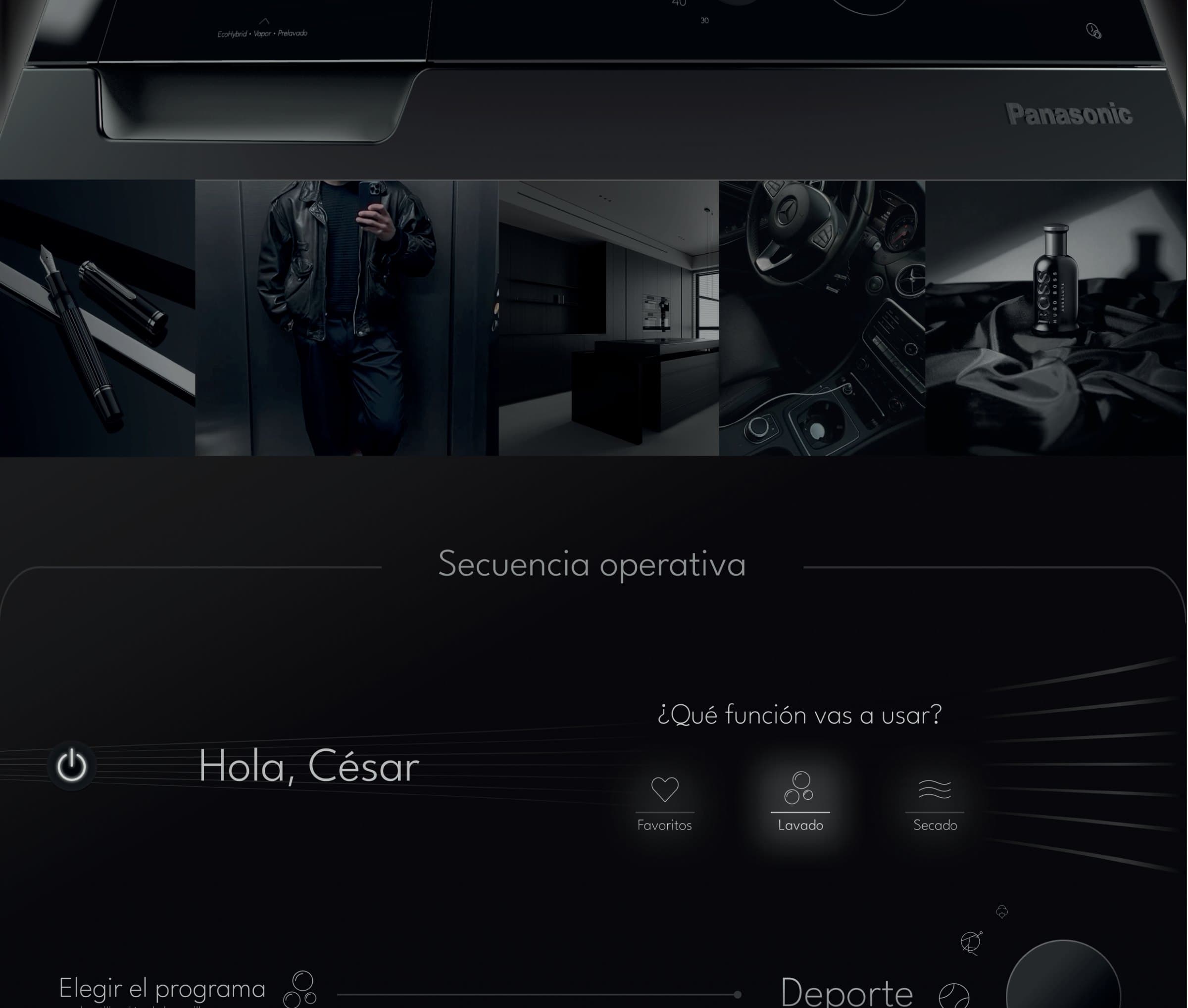 The Panasonic washing machine control panel on a dark background: a wide display showing mode, temperature, RPM and time, a central knob and the start button.